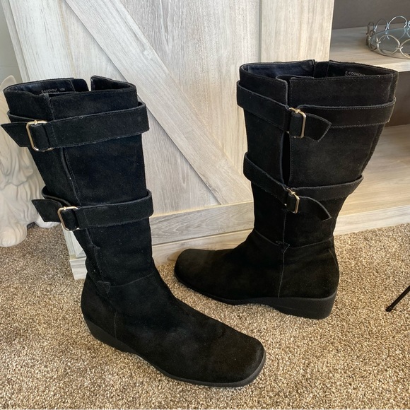 Etienne Aigner Tall Signature Suede Buckle Wedge Boots Size 10 Leather - Picture 5 of 14